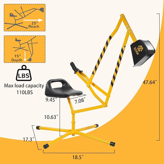 Elevon Sand Digger Kids Excavator Ride On Toy, Beach Toys Outdoor Sandbox Toy Digger, Steel Excavator Crane Rotates 360 with Stabilizing Base, Sand Toys Backyard Sandbox, Dirt and Snow - Yellow