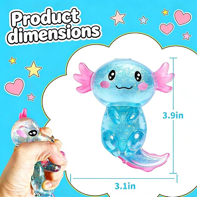 2 Pcs Axolotl Squishy Stress Relief Toy, Stretchy Axolotls Stress Soft Squeeze Sensory Fidget Toys for Kids Adults, Cute Axolotls Squishies Party Favors Classroom (BluePink)