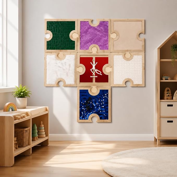 Sensory Wall Panel Set 7 Wooden Frames 13 Sensory Pads with Sequin Mat & Texture Film, Interchangeable Tactile Activity Boards for Kids, Fine Motor Skills Toys for Autism, Daycare, Special Education