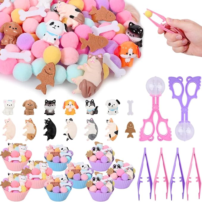Sanixn 207 Pcs Pet Sensory Bin Fillers Dog and Cat Fine Motor Skills Pet Sensory Bin Item Pompoms Cups Tweezers Scissor Clips for Sorting Counting Fun Activities(Pet)