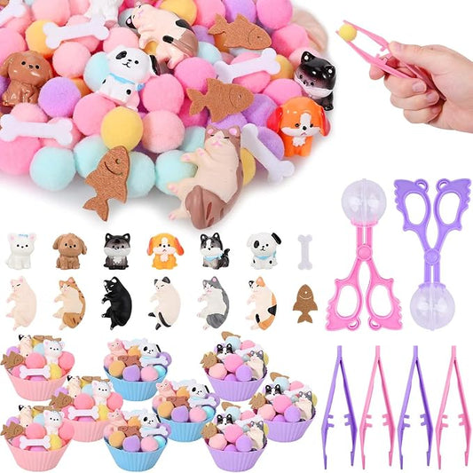 Sanixn 207 Pcs Pet Sensory Bin Fillers Dog and Cat Fine Motor Skills Pet Sensory Bin Item Pompoms Cups Tweezers Scissor Clips for Sorting Counting Fun Activities(Pet)