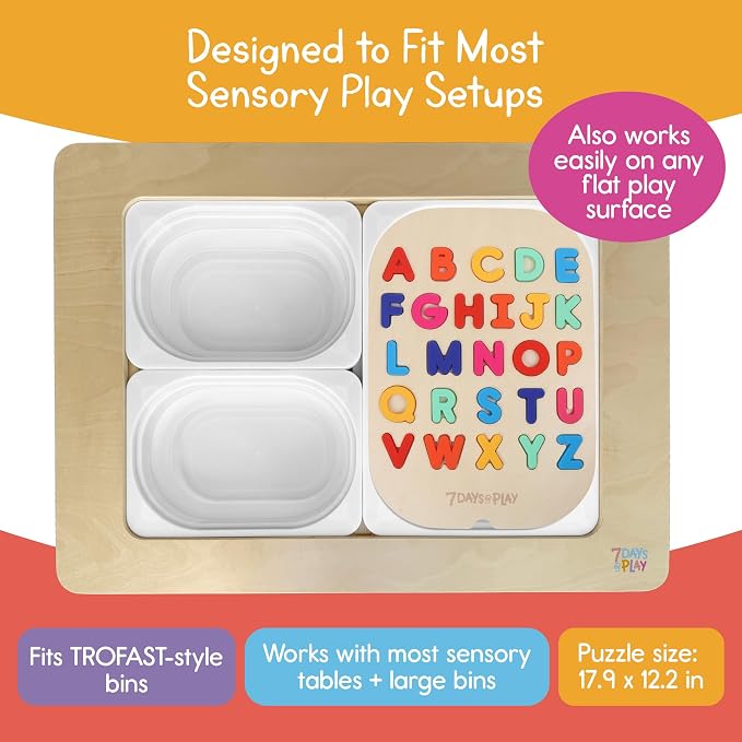 Uppercase Alphabet Puzzle for Kids, Sensory Bin Insert for Sensory Tables, Silicone Letters, Wooden Fine Motor Learning Toy by 7 Days of Play