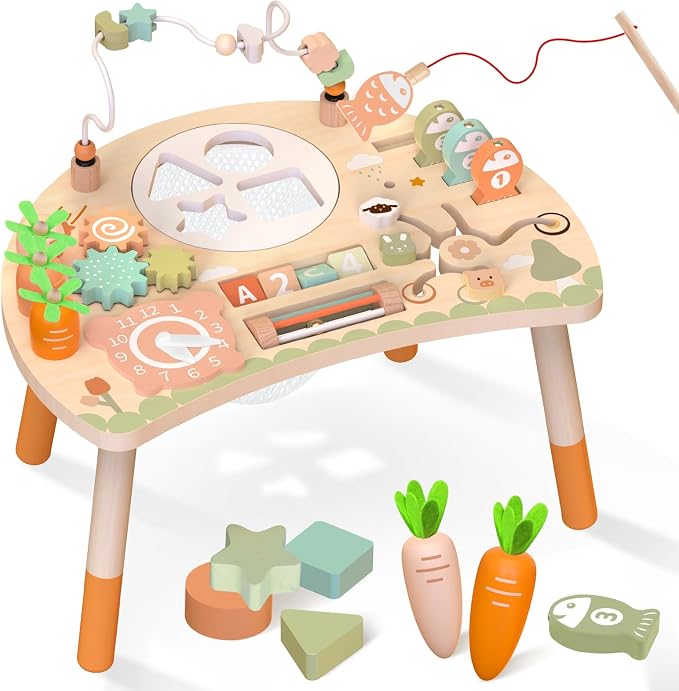 Weilim Activity Table for 18 Months+, 9-in-1 Wooden Montessori Toddler Toy | Bead Maze, Magnetic Fishing Game, Shape Sorter, Spinning Gears, Teach-Time Clock, Animal Maze, Carrot Harvest and More