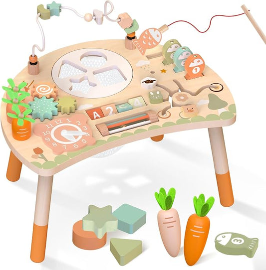 Weilim Activity Table for 18 Months+, 9-in-1 Wooden Montessori Toddler Toy | Bead Maze, Magnetic Fishing Game, Shape Sorter, Spinning Gears, Teach-Time Clock, Animal Maze, Carrot Harvest and More