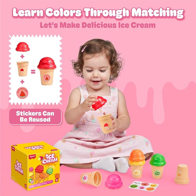 JoyCat Ice Cream Sorting and Stacking Pretend Play Toy Set, 5 Cones | Stack scoops, match colors and serve pretend ice cream while practicing counting and fine motor play