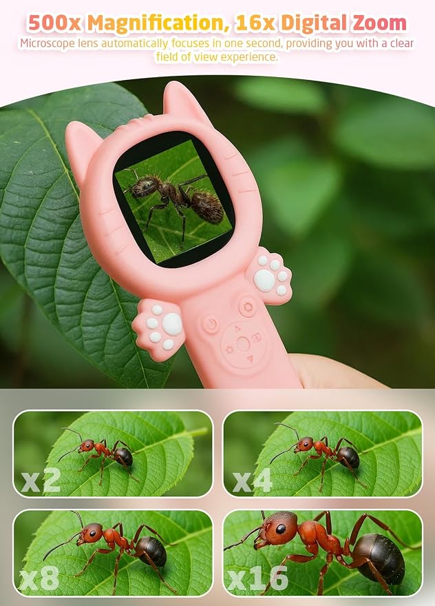 PHNIXGAM Kids Microscope Camera, 500X Handheld 2" IPS Screen, A Pink Cat | 2-in-1 design, supports multiple viewing angles, outdoor STEM toy, birthday gift for boys/girls 3-10, rechargeable/portable