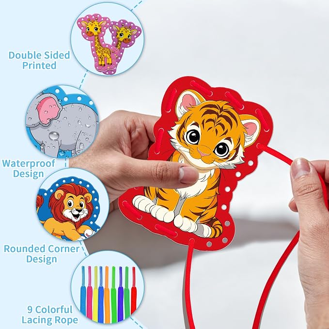 Animals Lacing Cards, Sewing Kit for Kids,Fine Motor Skills toys | 9PCS Double Side Toddler Crafts for Shoe Tying Practice,Manipulatives for Preschool Learning Activity,Classroom Must Haves