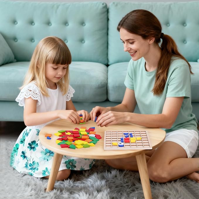 Wooden Pattern Blocks with Grid Board 142PCS Wood Mosaic Tiles Montessori Shape Puzzle Tangrams for Kids with Storage Bag Preschool Educational Toys for Boys Girls Ages 3+