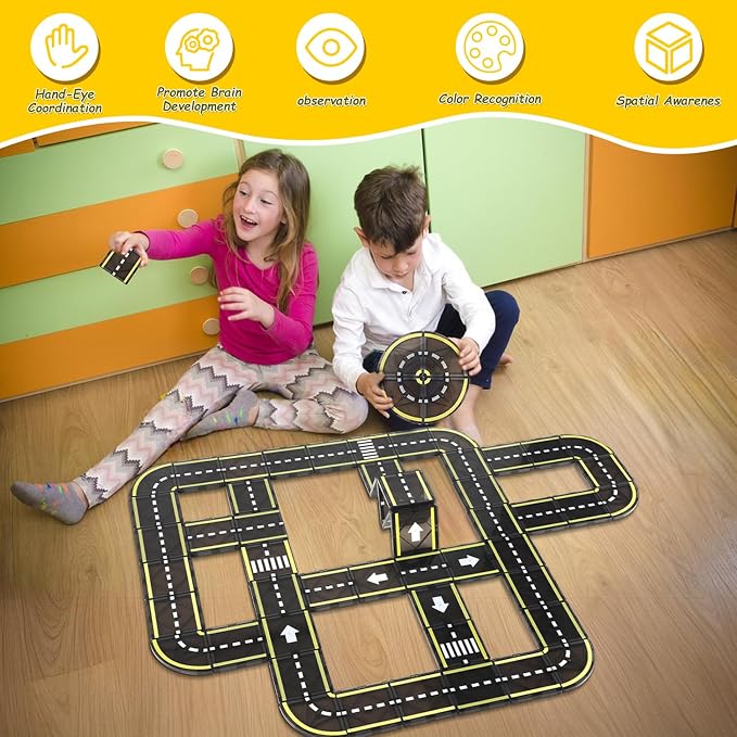 BENOKER Magnetic Tiles Road Set, STEM Magnet Building Toy for Toddler Kids | Creative magnetic building tiles, open-ended educational STEM toy, great birthday gift for toddler boys and girls