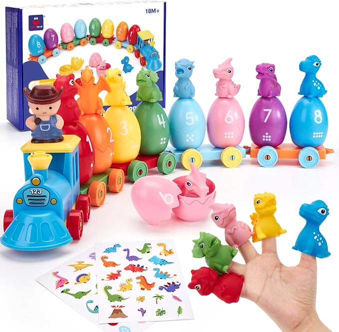 hahaland Montessori Dinosaur Train Set, Learning Toy for Toddlers Ages 2-3 | 22-piece set with 8 dinosaurs, 8 numbered sorting eggs, a buildable train, 2 dinosaur stickers and an adventurer figure.