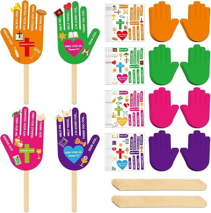 ojustbeok 24 Sets Sunday Bible Crafts Kit for How to Pray Handprint Fan Craft DIY VBS Christian Religious Arts Make Your Own Finger Prayer Fan for VBS Church Home Party Activities