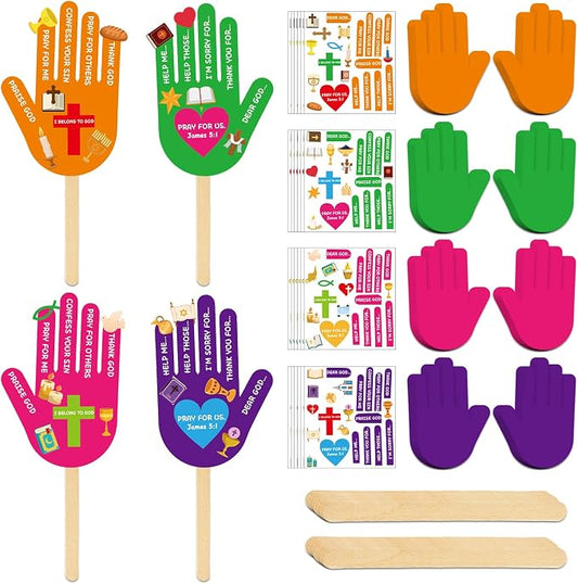 ojustbeok 24 Sets Sunday Bible Crafts Kit for How to Pray Handprint Fan Craft DIY VBS Christian Religious Arts Make Your Own Finger Prayer Fan for VBS Church Home Party Activities