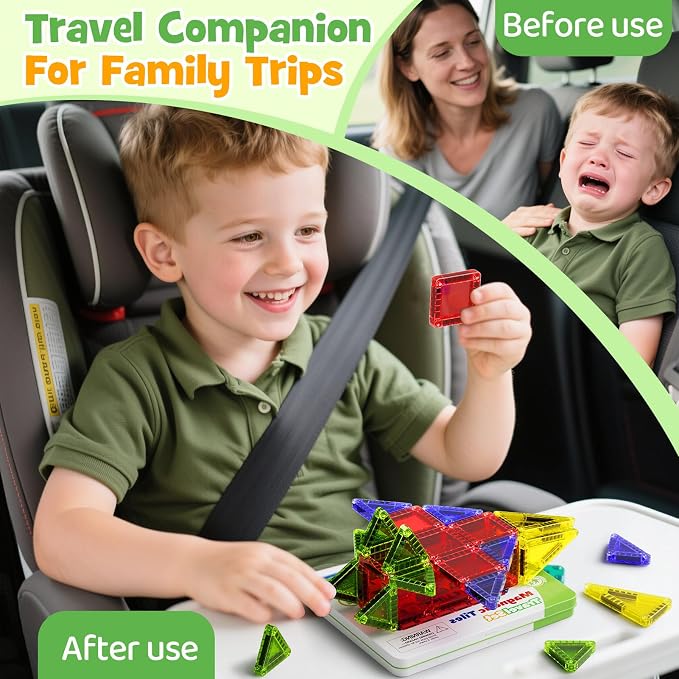 Mini Magnetic Tiles Travel Toys: 26PCS Set,Iron Storage Box,Car Activities | Portable Mini Building Blocks, Case Opens Into 9.4-Inch Play Board, Airplane, Road Trip & Outdoor Play for Toddlers Ages 3-8