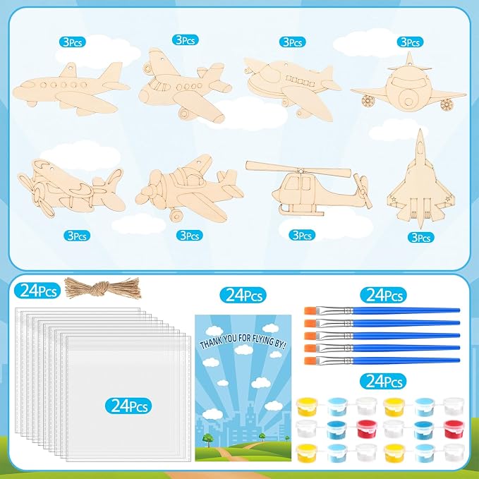Saypacck 24 Pcs Airplane Party Favors Wooden Paint Craft Kits | DIY Painting Activity for Kids Parties, Includes Paints and Brush per Set, Goodie Bag Stuffers, Aviation Theme Projects