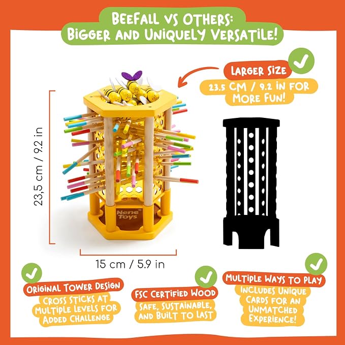 Nene Toys BeeFall Jumbo, 4-in-1 Wooden Honey Bee Toy for Kids Ages 3-9 - Educational Game with Wooden Honeybee Hive, 12 Bees, Colorful Sticks, Dice & Cards - Fun Family Game for Cognitive Development