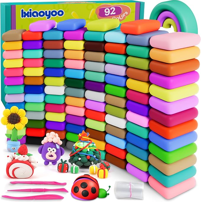 Ixiaoyoo Air Dry Clay, 92 Colors Foam Modeling Clay for School Projects | Safe & Non-Toxic, Soft, Non-Sticky, DIY Model Crafts Kids Toys for Home Party Favors, Birthday Gifts for Aged 3–12 Boys Girls