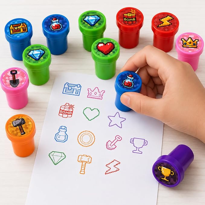 Cinrobiye 24 Pcs Pixel Stampers Party Favor Set, Cute Pixel Art Stamps for Kids Birthday Party, Classroom Rewards, Gaming Themed Party Supplies, Goody Bag Fillers, Retro Pixel Toys