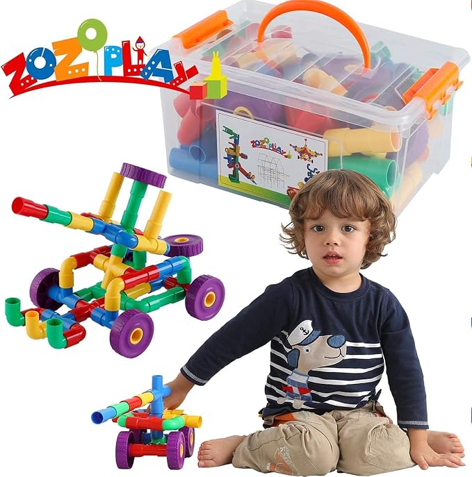 ZOZOPLAY STEM Learning Toy Tubular Pipes & Spouts & Joints 96 Piece Build Bicycle, Tank, Scootie, Moter Skills Endless Designs Educational Building Blocks Set for Kid Ages 3+ Multicolor | 96 pipes, spouts, and joints for kids 3+ to build vehicles while...