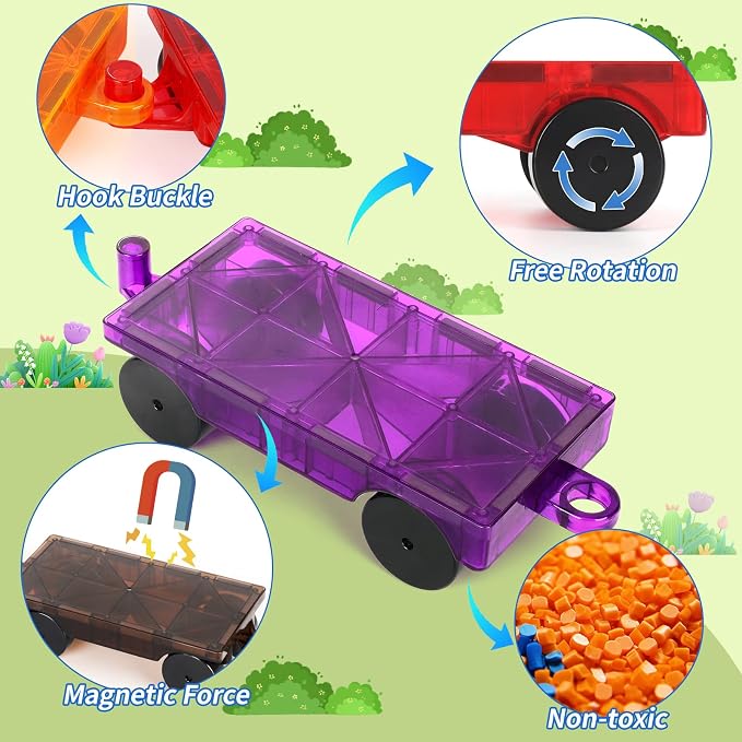 Mruikeny Magnetic Tiles Cars Construction Set - 4 PCS Magnet Cars Set | Magnetic Tiles Magnet Bricks Truck Sensory Toys, Educational Building Blocks for 3 4 5 6 7 8+ Year Old Girls Boys