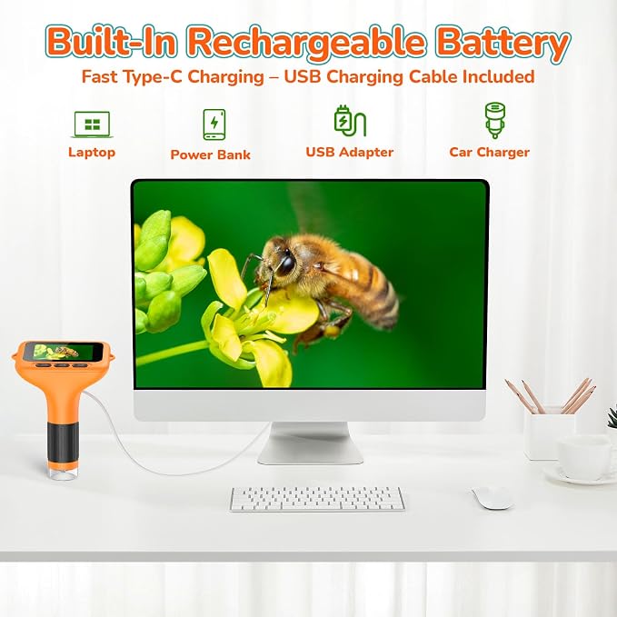 Kids Digital Microscope with 3-Inch Screen: STEM Toy Science Gift Ages 4-12 | 32GB Card, 1000X Zoom, Rechargeable, Photo/Video, Connect to PC, 8 LEDs, 6 Brightness Levels, One-Touch Capture