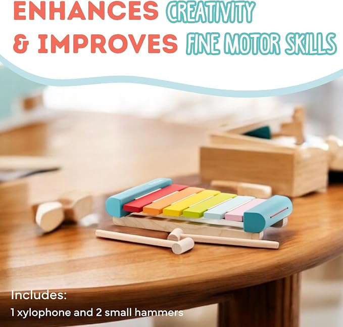 Wooden Toy Xylophone – Montessori Musical Toy for Toddlers Ages 18 Months+ – Includes 2 Wooden Mallets – FSC-Certified Wood, German Water-Based Paint – Wooden Toys for Toddlers