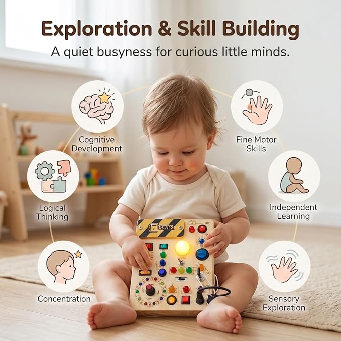 RichBoy Busy Boards, Lights Switch-Style, Wooden, 37-in-1, Medium | Toddlers Birthday Gifts, Montessori Toys, Autism Sensory, Fine Motor Skills, Educational Learning, Travel Essentials