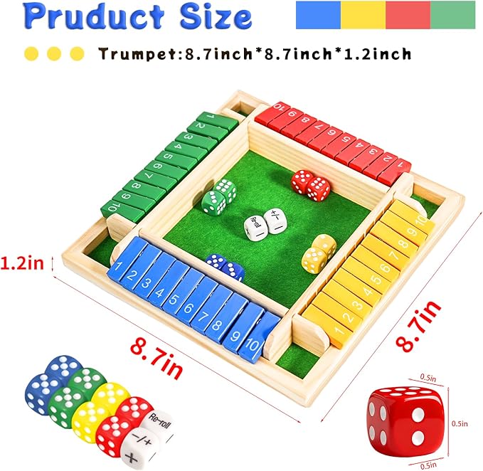 Shut The Box Dice Game for 2-4 Player Wooden Dice Game Math Games Close The Box Family Dice Board Games for Kids Adults, Tabletop Version Games for Classroom, Home, Easter Day, Party or Pub