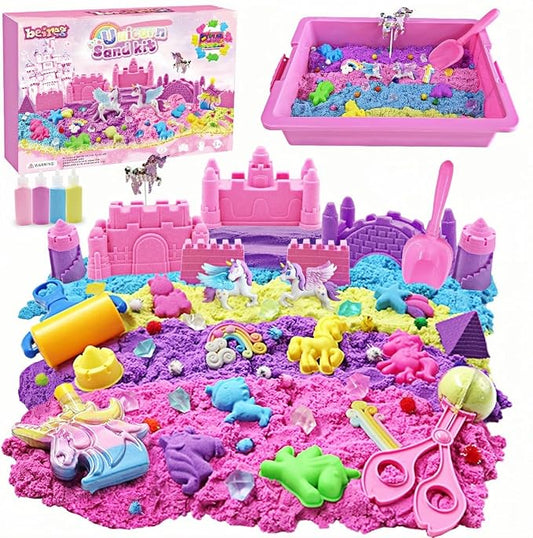Unicorn Sensory Bin Sand Kit - 155 Pcs with 2.2lbs Sand, 9 Castle & 8 Unicorn Molds, 12 Tools, Tactile Sensory Fillers for Girls Age 4-9 Gifts