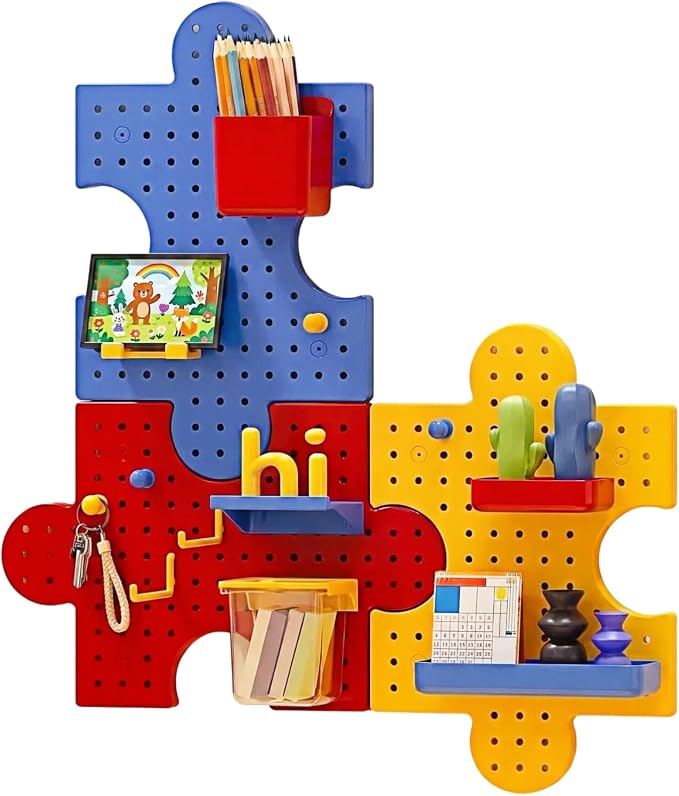 Pegboard Wall Organizer, Puzzle Modular Plastic Storage System with Hooks Shelves Boxes, Colorful Red Yellow Blue, 33.1 x 9.4 Inches, Wall Decor for Entryway Home Office Kids Room Craft Area