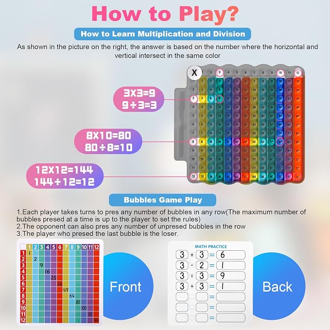 Educational e1 Multiplication Table pop Fidget Toy Rainbow Colors with Dry Erase Marker Stress Relieving Toy Memory Addition Game 3rd Grade pop 12x12 Rainbow Board Math manipulatives