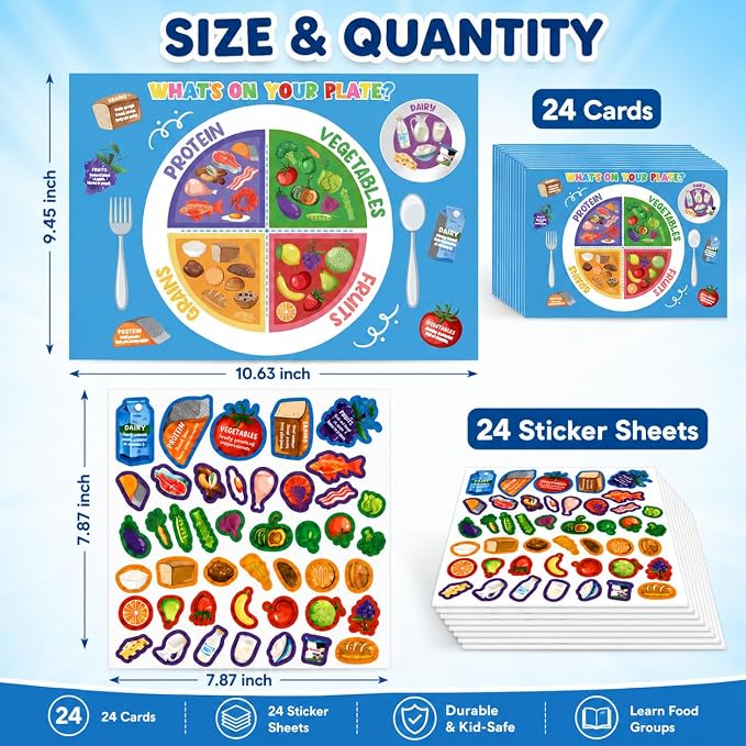 Cinrobiye 24 Set My Plate Food Sticker Set, Vegetables, Fruits, Protein and Grains Display Cards with Food Chart for Nutrition Demonstrations, Creative Projects and Educational Presentations