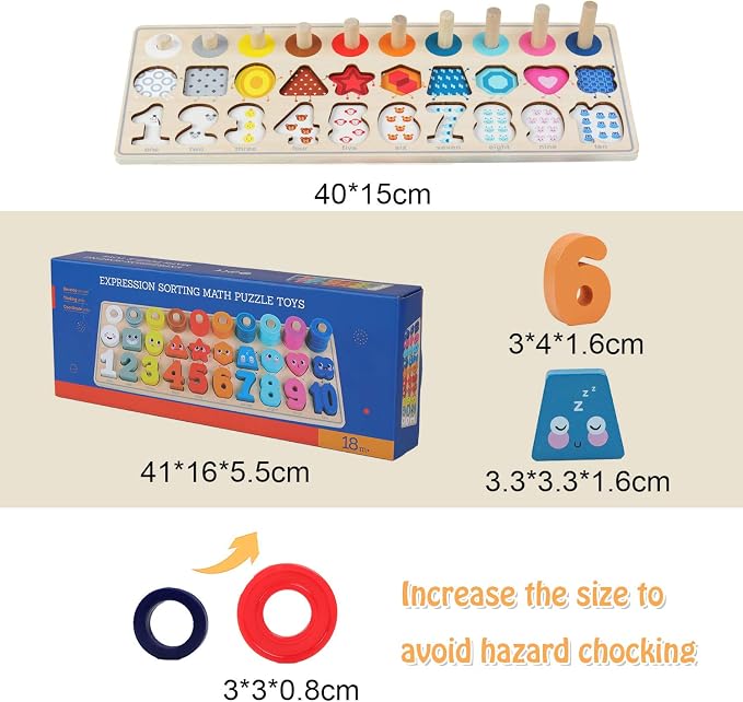 QZMTOY Wooden Montessori Toys for Kids, Toddler Number Puzzles Sorter Counting Shape Stacker Stacking Game Preschool Toys for Boy Girl Learning Education Math Blocks Chunky Puzzles Gift for Toddlers