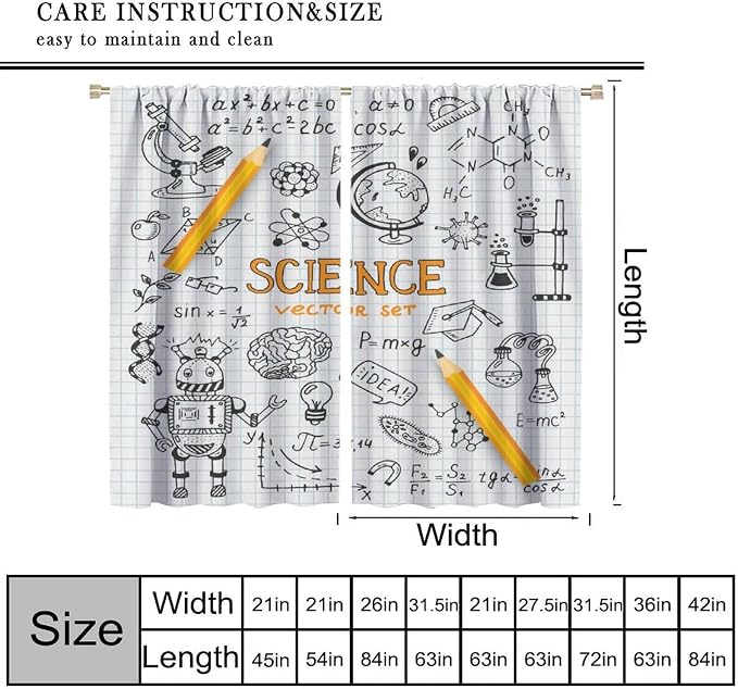 Science Symbols Kids Curtain Sketches Cartoon Chemistry Physics Geometry Education Pattern Print Window Drapes for Bedroom Living Room Kitchen Decor,2 Panel Set,84x84 Inch Blackout