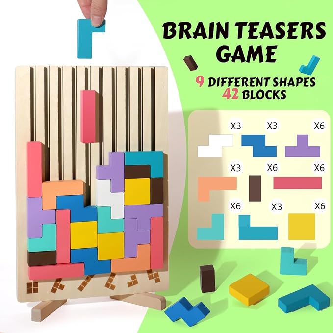 Wooden Colored 3D Russian Block Puzzle Jigsaw Stacking Montessori Toys Educational Gift for Boys and Girls Board Game for Toddlers Brain Blocks Teasers for Toddlers 3-6 Years