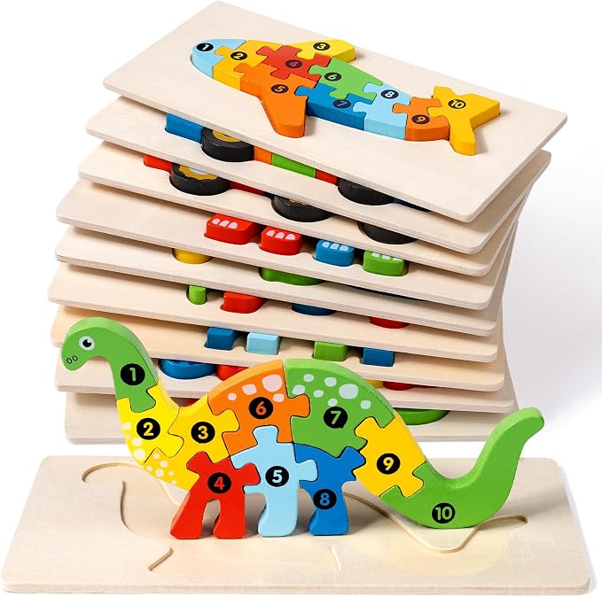 9 Pack Wooden Puzzles for Kids Ages 3-5, Montessori Animal Puzzles | 90 Pieces, CPC certified, with Numbers 1-10, Chunky Jigsaw Puzzles in Gift Box, Educational Learning Toys, Boys Girls Gift