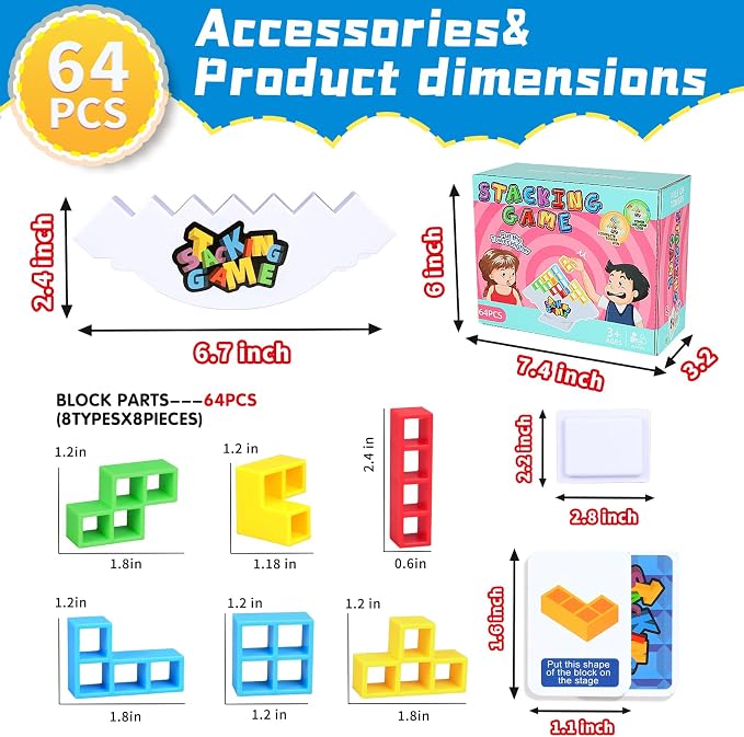 BBnote 64PCS Stack Game for Adult & Kids, Tetra Board Tower Games for Family Travel Party, 2 Players Balance Stacking Toy, Team Toys Building Block