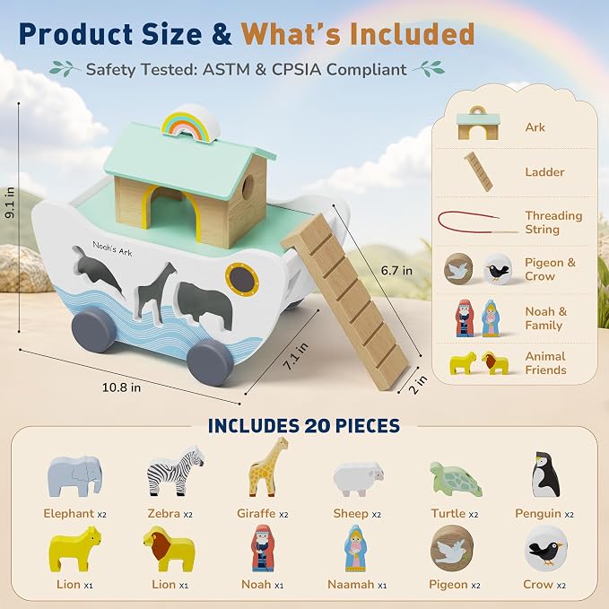 GiggleGems Noah's Ark Wooden Toy - All-in-1 Push Pull Shape Sorter for Toddlers - Montessori Animal Matching Set - Baptism Christening Gift for Birthday, Religious Toys for Boys Girls (18M+)