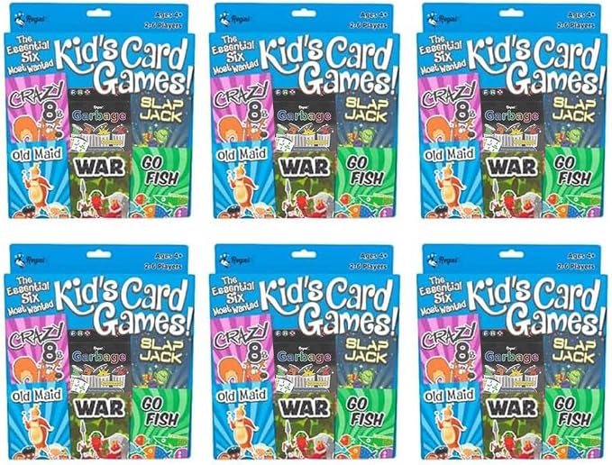 Regal Games Card Games for Kids - Go Fish, Crazy 8's, Old Maid, Slap Jack, Garbage Monsters, War - Simple & Fun Classic Family Table Game Sets (6 x 6)