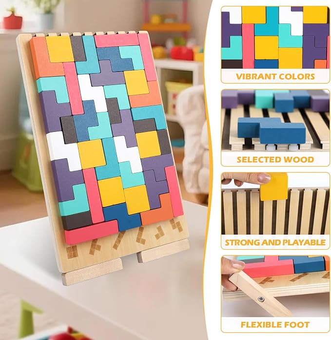 Wooden Stacking Puzzle Board, Montessori Brain Blocks for Kids Ages 3-8 | DIY Wooden Board Puzzle Game, 3D Russian Block Game, STEM Educational Toys, Boy & Girl Gifts for Birthday & Christmas