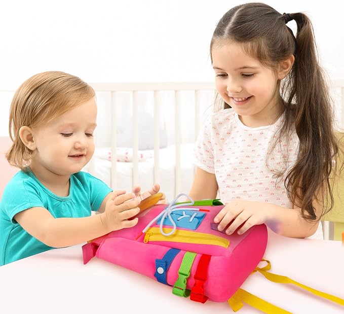 Busy Board - Toddler Backpack with Buckles and Learning Activity Toys - Develop Fine Motor Skills and Basic Life Skills - Learn to Tie Shoes - Children's Travel Toy (Pink)