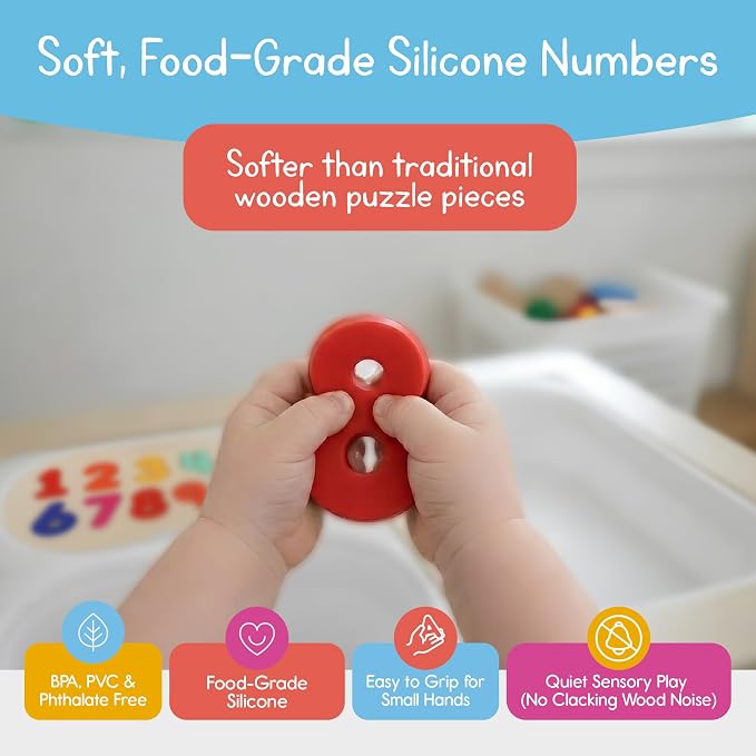 Number Puzzle for Kids, Sensory Bin Insert for Sensory Tables, Silicone Numbers, Wooden Fine Motor Learning Toy