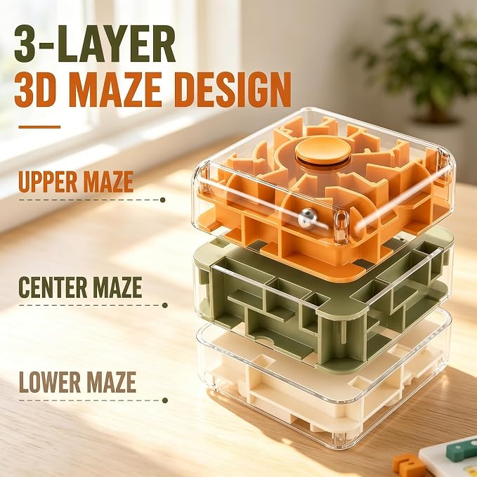 3 Layer 2 in 1 3D Rolling Ball Maze Cube, Kids Fidget Spinning Toys | Fidget Toy and Stress Toy, 3D Brain Teaser Puzzle Game Portable Activity Toy Birthday Gifts for Kids Ages 3-7+ Boys Girls