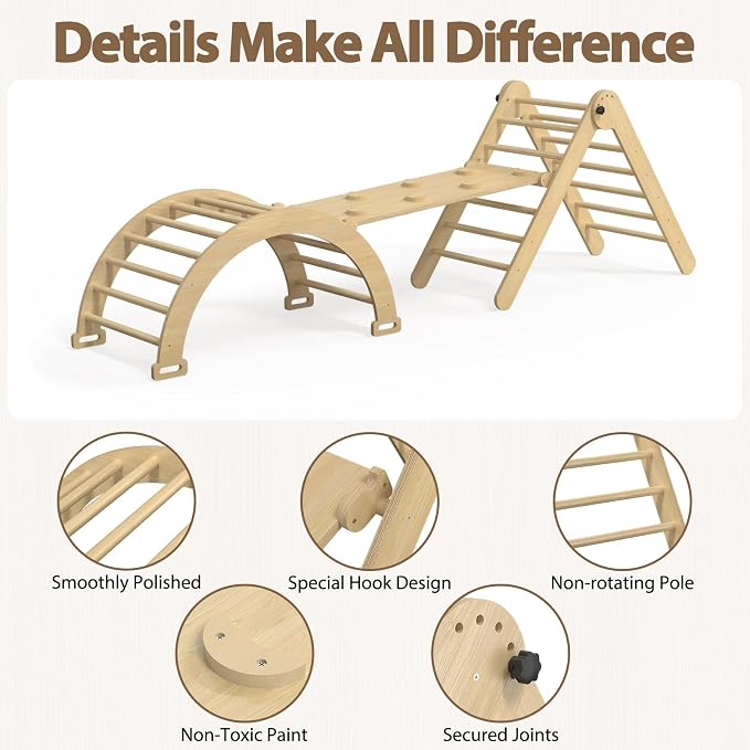 Large Pikler Triangle Set, 7-in-1 Toddler Climbing Toys Indoor, Wooden Montessori Climbing Set with Arch Ramp Ladder, Foldable Baby Jungle Gym Playground (Wood Natural)