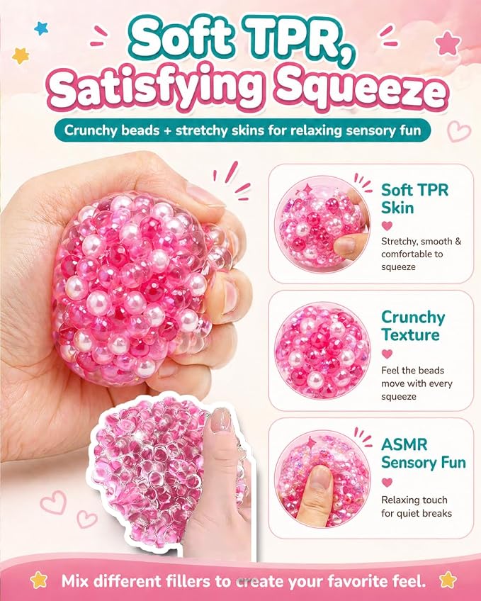 DIY Stress Ball Making Kit, Squishy Maker Kit with 15 TPR Ball Skins, 8 Types of Fillers, Air Pump Vacuum Tool & 20 Cable Ties, Make Your Own Squishies for ASMR Anxiety Relief Sensory Fidget Toys