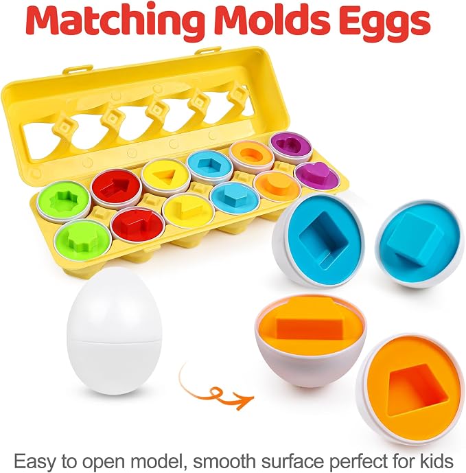 Eggs Toys,Montessori Geometric Egg Early Fine Motor Skills Learning Color Sorting & Shape Sorter Matching Game Easter Basket Stuffers Toys for Toddler Boys Girls Ages 1-3
