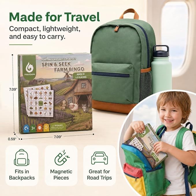 Travofun Farm Bingo Game, Magnetic Travel Toy for Kids 3 and Up, Ideal for Road Trips