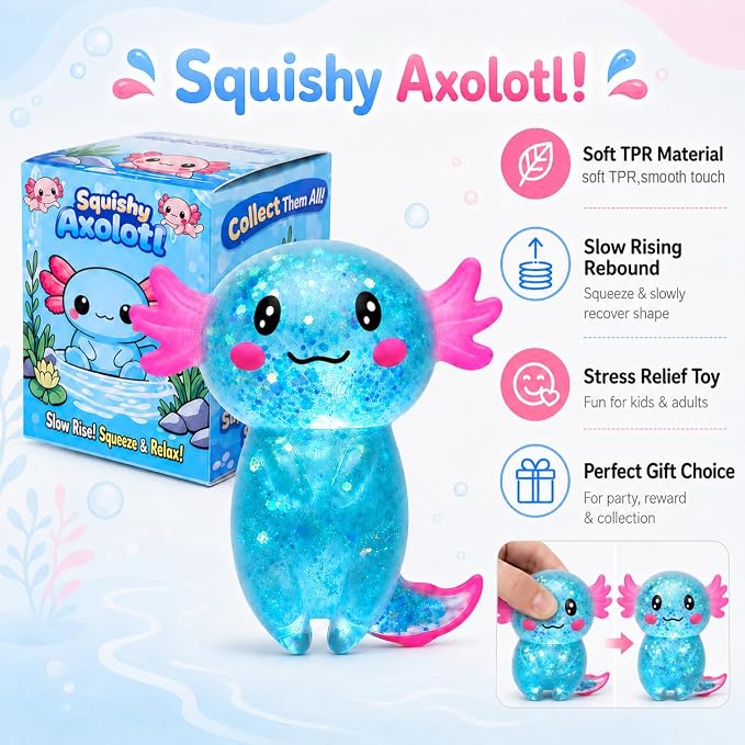Axolotl Squishy Stress Ball, Soft TPR Slow Rising Squeeze Toy, Cute Axolotl Fidget Toy for Stress Relief, Anxiety Calming Sensory Toy for Kids Adults(Blue Long Tail Axolotl)