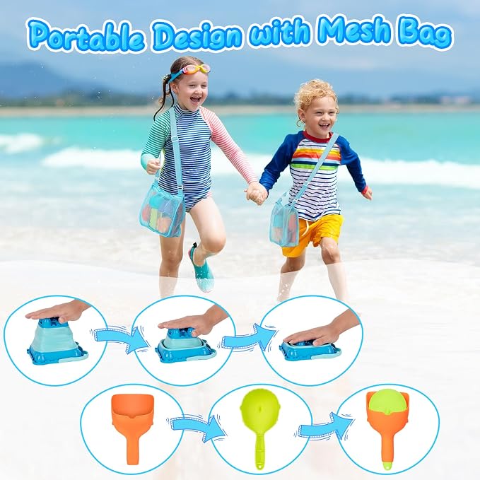 Beach Toys, Collapsible Sand Toys - 9pcs Sand Castle Building Kit: Foldable Sand Buckets, Shovels, Castle Molds & Packable Mesh Bag - Sandbox Toys for Toddlers, Kids Ages 3-12, Beach Travel