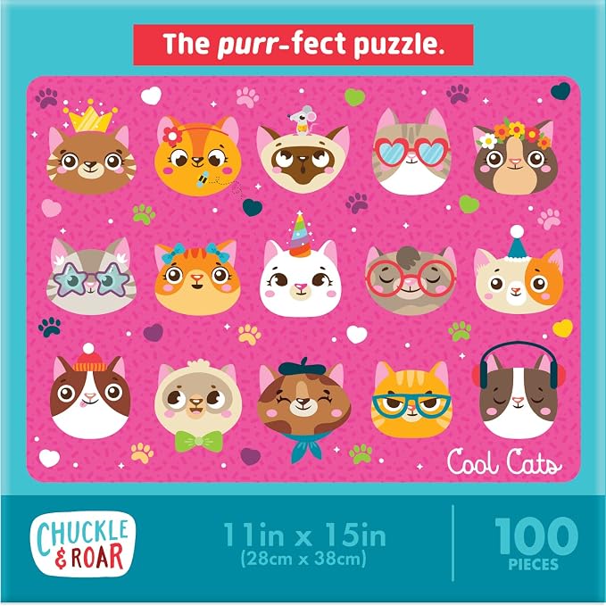 Chuckle & Roar Cool Cats, 100 Pc Jigsaw Puzzle, Puzzles for Kids Ages 6-8 | Glitter Accents, Poster Reference Guide, 11 x 15 in Finished Size, Fine Motor Skills, 100 Piece Puzzles for Kids Ages 6-8