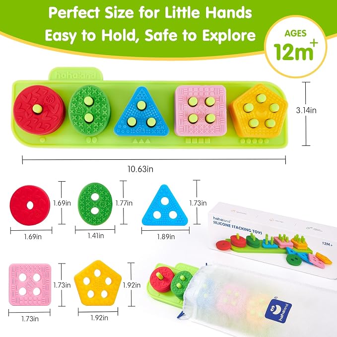 hahaland Silicone Sorting & Stacking Toys - Montessori Toys for 1 Year Old | Textured Soft Blocks, Shape Sorter, Color Sorting for Toddlers 1-3, Learning Sensory Baby Toy 1st One Year Old Birthday Gifts